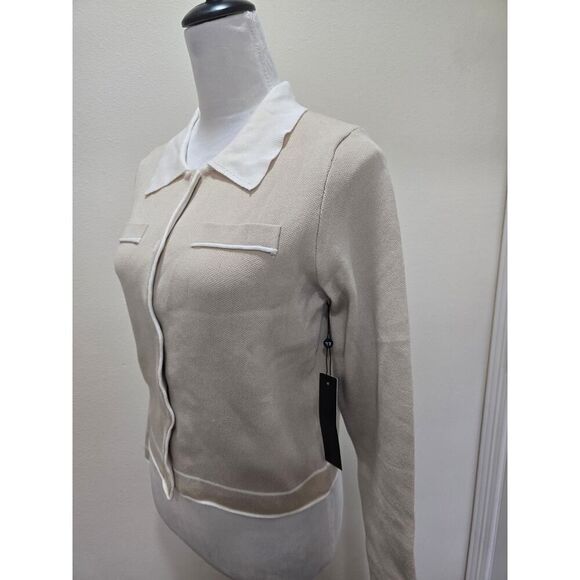Emerson Lang Knit Button-Up Sweater Top Women's Size M Soft Neutral Preppy - Picture 2 of 8